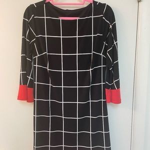 Enfocus Studio 3/4 Sleeve Dress With Grid Pattern and Red Trim